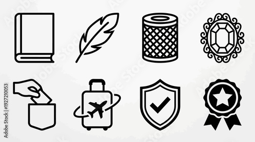 "Black and White Icons Vector Illustration Set, Education, Writing, Travel, Security, Award, Decorative Symbols, Civic Duty, Creative Artwork, Modern Graphic Vector Design"