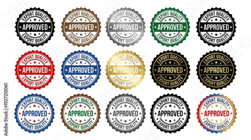 "Approved Stamps Vector Illustration Collection, Colorful Seals, Quality Control Icons, Official Labels, Decorative Badges, Inspected Tested Checked Design, Circular Approval Vector Artwork"
