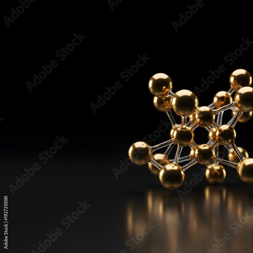 3D gold molecular structure on black background with reflection, nanotechnology chemistry concept for cosmetic ingredient