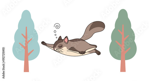 Cartoon sleeping sugar glider illustration with flat design surrounded by stylized trees on a white background perfect for children's content