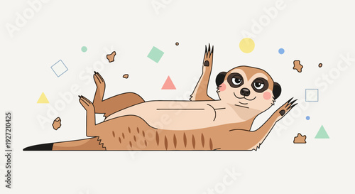 Cartoon meerkat lying on its back with geometric shapes in a flat vector style illustration for playful and educational designs