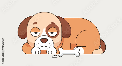 Cartoon dog resting with bone in flat vector style; Cute puppy illustration with brown and tan coat; Minimalist canine design
