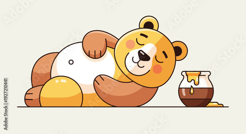 Cartoon bear sleeping next to a honey pot vector illustration in flat design; cozy bear with closed eyes and happy smile enjoying his sweet treat