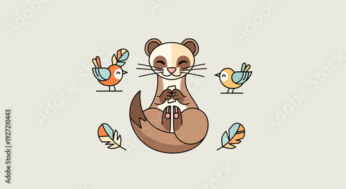 Cute cartoon ferret sitting in zen pose with birds and feathers in vector flat illustration for children's design