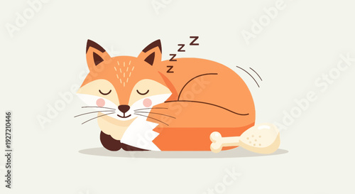 Sleeping orange fox curled up next to a chicken leg in vector flat style; cute cartoon animal relaxing after enjoying meal