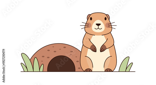Cartoon prairie dog standing near burrow vector illustration in flat design; groundhog with hole isolated on white background for graphic element
