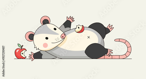 Cartoon possum lying down next to apple vector illustration; flat design of cute opossum relaxing with fruit; animal art