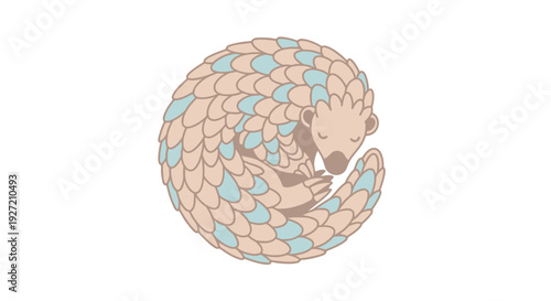 Vector illustration of a sleeping pangolin curled up in a ball with scales in beige and blue; a cute cartoon animal for design projects