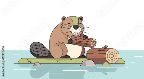 Vector Illustration of Beaver Building Dam with Log in Hands on a River Flat Design Nature and Wildlife Concept Cartoon Style