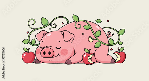 Happy pink pig sleeping surrounded by apple vines in cartoon style. Cute vector illustration of farm animal resting after eating fruit.
