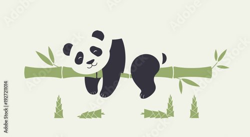 Cute panda sleeping on bamboo branch vector flat design illustration for children books wildlife art and sticker; adorable bear chilling out
