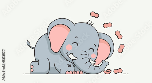 Adorable baby elephant enjoying peanuts in a cute flat vector illustration featuring soft pastel colors and a charming playful design for children's products