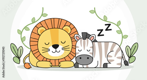 Cute sleeping lion and zebra in vector flat style illustration; friendly animals napping with leaves around them for children's decor