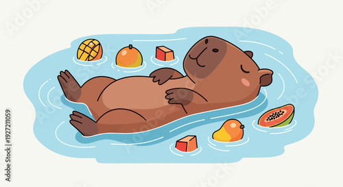 Adorable capybara floating in water with tropical fruits vector illustration; cute rodent in pool relaxing summer vibes; flat design