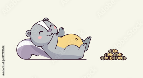 Cartoon skunk lying on back with full belly enjoying pile of grub worms in cute vector illustration for kids book or web design