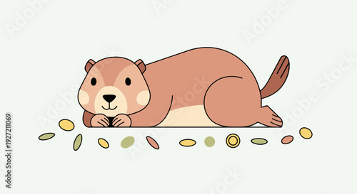 Cartoon groundhog resting on seeds in vector flat style cute marmot character lying down isolated design element for children's books and graphics