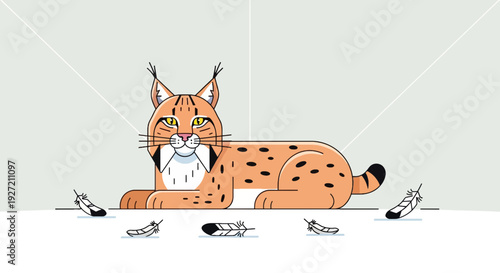 Vector flat illustration of a bobcat with spotted fur lounging amidst scattered feathers in a modern room with clean lines and muted colors