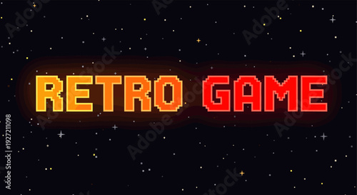 Retro game pixel art text with space starry background