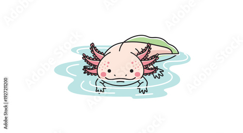 Cartoon style axolotl swimming in water; cute amphibian with pink frills and speckled skin in a clean vector design
