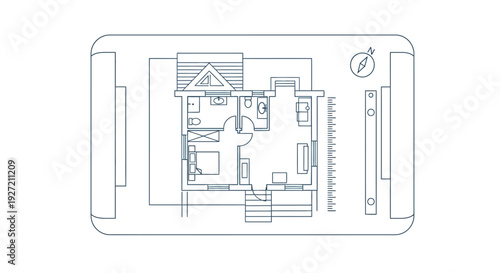 Architectural house plan blueprint with compass and ruler