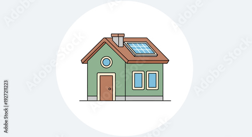 Cartoon house with solar panels on the roof.