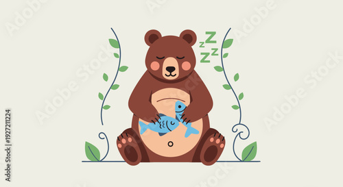 Cartoon brown bear sleeping with blue fish in its tummy vector flat illustration with decorative vines on a light beige background