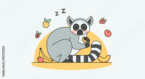 Cute cartoon lemur sleeping with fruits vector illustration in flat design; wildlife character eating relaxation rest and wellbeing