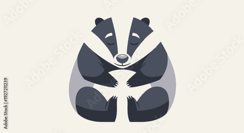 Vector illustration of a cute meditating badger in a seated pose with closed eyes showcasing simplicity and zen in shades of gray