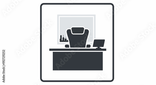 Iconic office desk with computer and chair, set against a cityscape background.