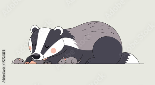 Adorable badger sleeping with baby mice in flat vector illustration; cute animal character design for children's storybook