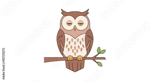 Vector illustration of a sleepy owl perched on a branch with leaves; cute cartoon style tan brown and beige for design and creative projects