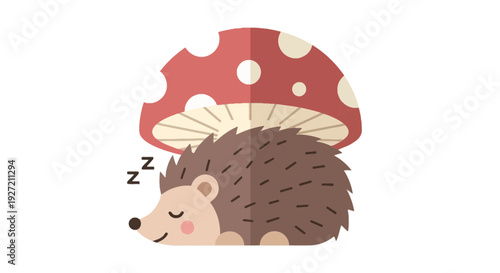 Cute sleeping hedgehog under mushroom in flat vector art style; adorable animal cartoon with cozy peaceful illustration