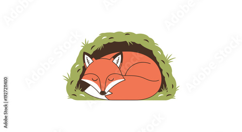 Cartoon sleeping fox curled up in den covered with grass vector illustration; cute animal in burrow for children's book or education material
