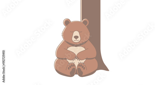 Cartoon brown bear sleeping against a tree flat vector illustration nature woodland animal mammal forest creature peace quiet relaxation hibernation