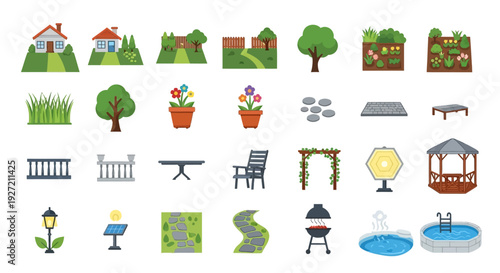 A diverse collection of flat design garden and outdoor living icons.