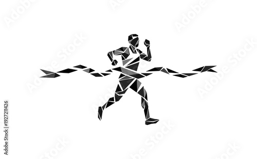 Abstract geometric runner crossing finish line in silhouette style