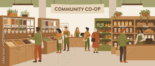 Vector Illustration of a Modern Community Co-op Grocery Store Interior Featuring Bulk Food Bins for Grains and Nuts, Fresh Local Produce, and People Shopping in an Eco-Friendly Sustainable Market