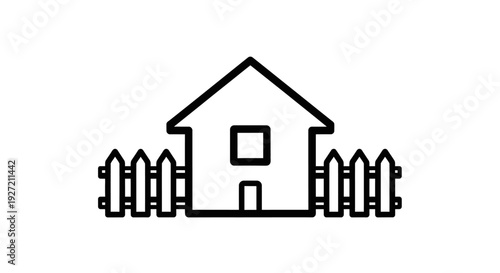 Line Art Illustration of a House with Picket Fence