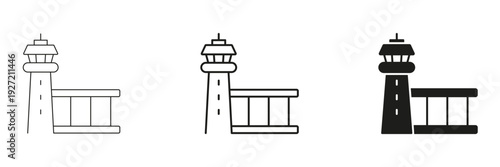 Airport Control Tower Line And Solid Icon Set. Air Traffic Management And Aviation Safety Outline And Silhouette Symbol Collection. Flight Navigation And Communication. Isolated Vector Illustration