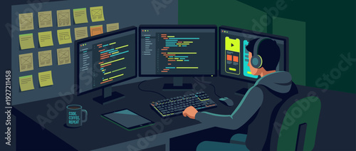 Flat vector illustration of a software engineer or app developer working at a desk with triple monitors showing code, UI design, sticky notes, coffee mug, and tablet in a dark office space.