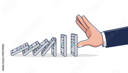 Businessman Hand Stopping Falling Dominoes Representing Risk Management Crisis Prevention and Strategic Leadership Intervention to Maintain Stability and Control in a Business Environment