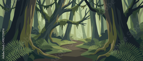 Flat vector illustration of a peaceful ancient forest trail with moss-covered trees and ferns. Enchanting woodland landscape with a winding path through a mystical, misty jungle environment.