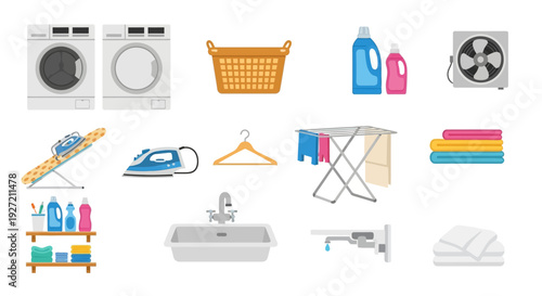 Flat illustration collection of laundry room items and household cleaning equipment.
