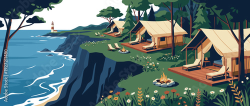 Flat vector illustration of a scenic cliff edge glamping site with luxury safari tents, wooden decks, lounge chairs, campfires, and stunning ocean views with a lighthouse in the background.