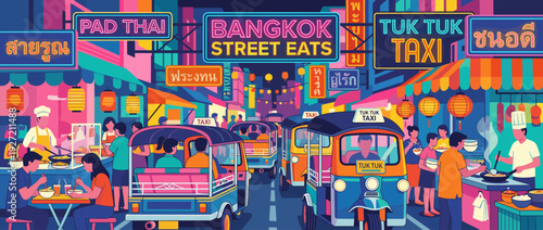 Vibrant Bangkok Street Food Scene Illustration with Neon Signs, Tuk Tuks, Night Market, Thai Cuisine, Pad Thai, People Eating, Colorful City Life, Tourism, Thailand Culture, Flat Vector Art Design