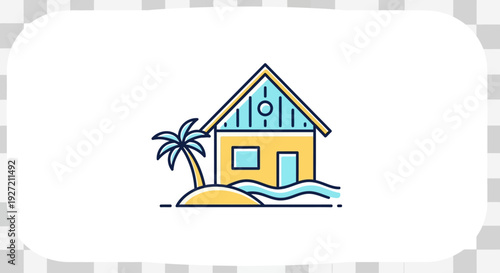 Tropical beach house on an island with palm tree and waves icon.