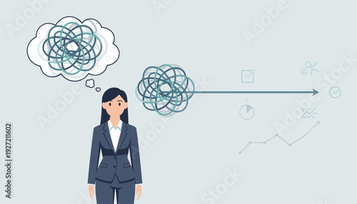Businesswoman simplifying complex problems and finding solutions. Concept of mental clarity from chaos, creative thinking, and strategic planning for success with tangled lines turning into a