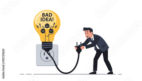 Businessman in Suit Trying to Unplug a Large Glowing Light Bulb with Bad Idea Text and Angry Emojis, Concept of Stopping Negative Thoughts, Business Failure, Risk, and Crisis Management Vector.