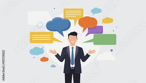 Businessman in Suit Surrounded by Colorful Speech Bubbles Representing Brainstorming, Creative Ideas, Effective Communication Strategy, Feedback, Social Media Marketing, and Leadership Concept.