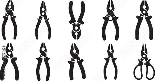 Collection of black silhouette pliers and cutters, isolated on white background